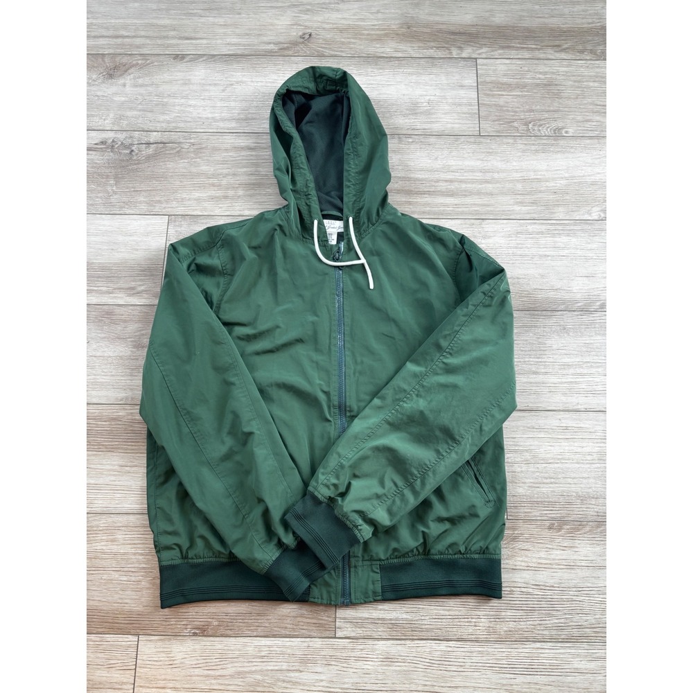 HM LOGG Mens XL Green Hooded Windbreaker Full Zip Mesh Lined Bomber Jacket